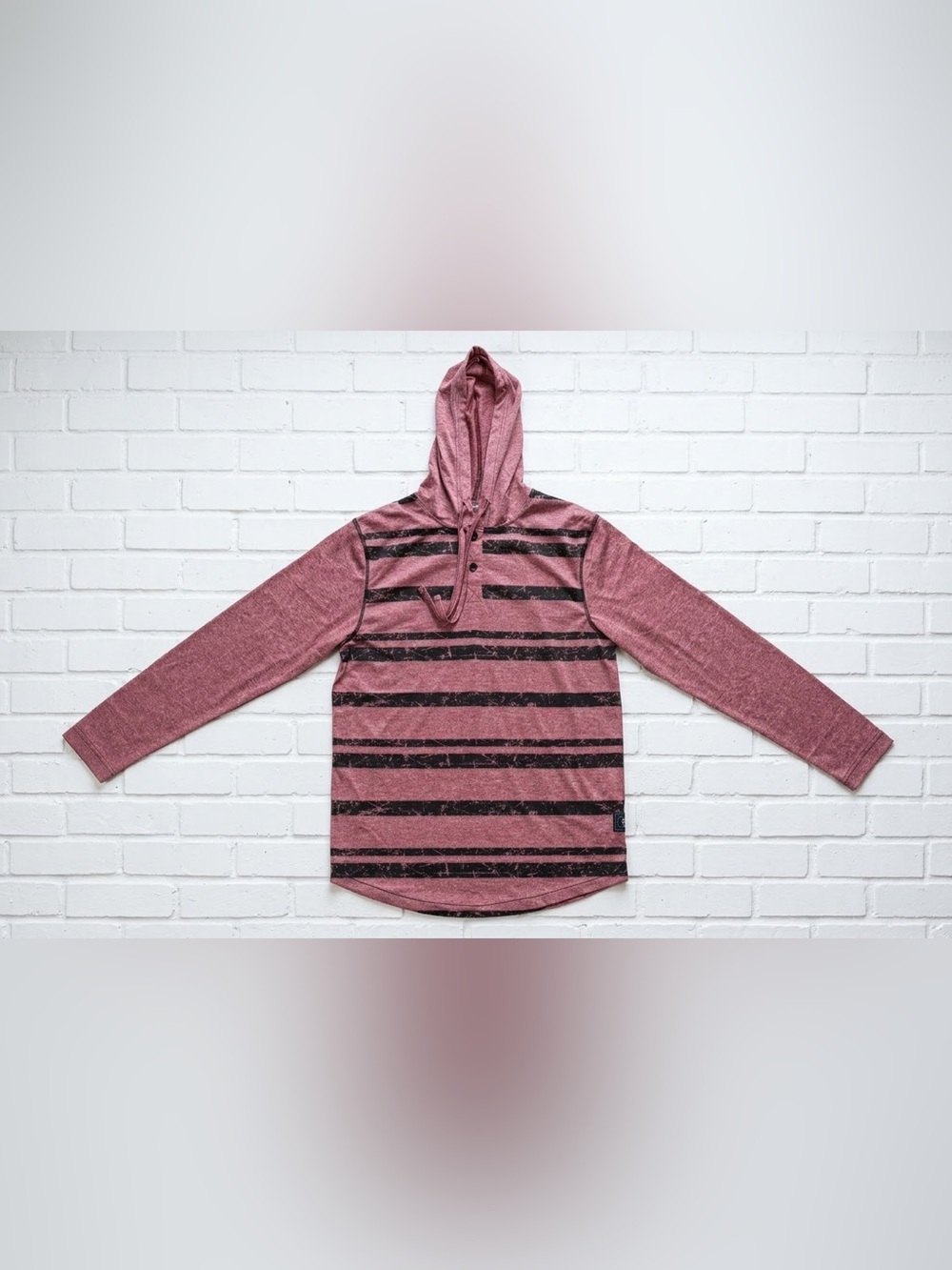 Raw Yarn Industries Men’s Red & Black Striped Henley Hoodie Long Sleeve Size M